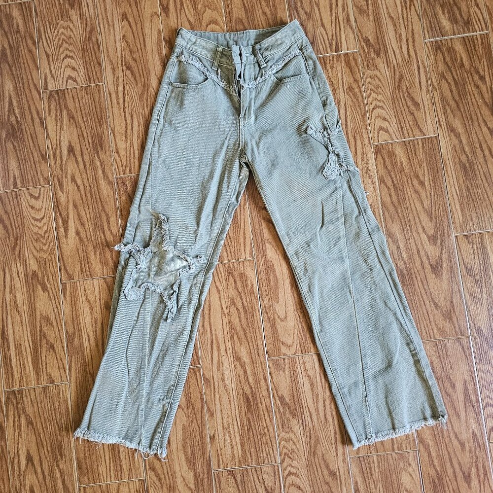 Embellished Khaki Straight Leg Jeans – Size XXS